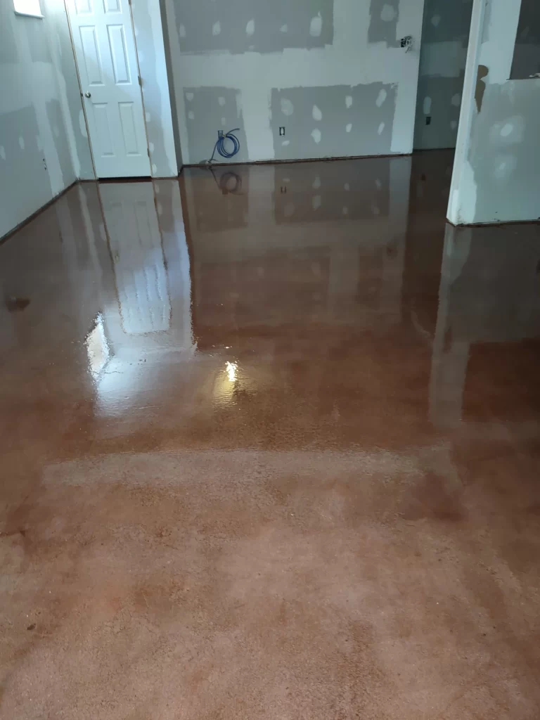 Basement Floor with Leather Brown dye and clear polyaspartic top coat