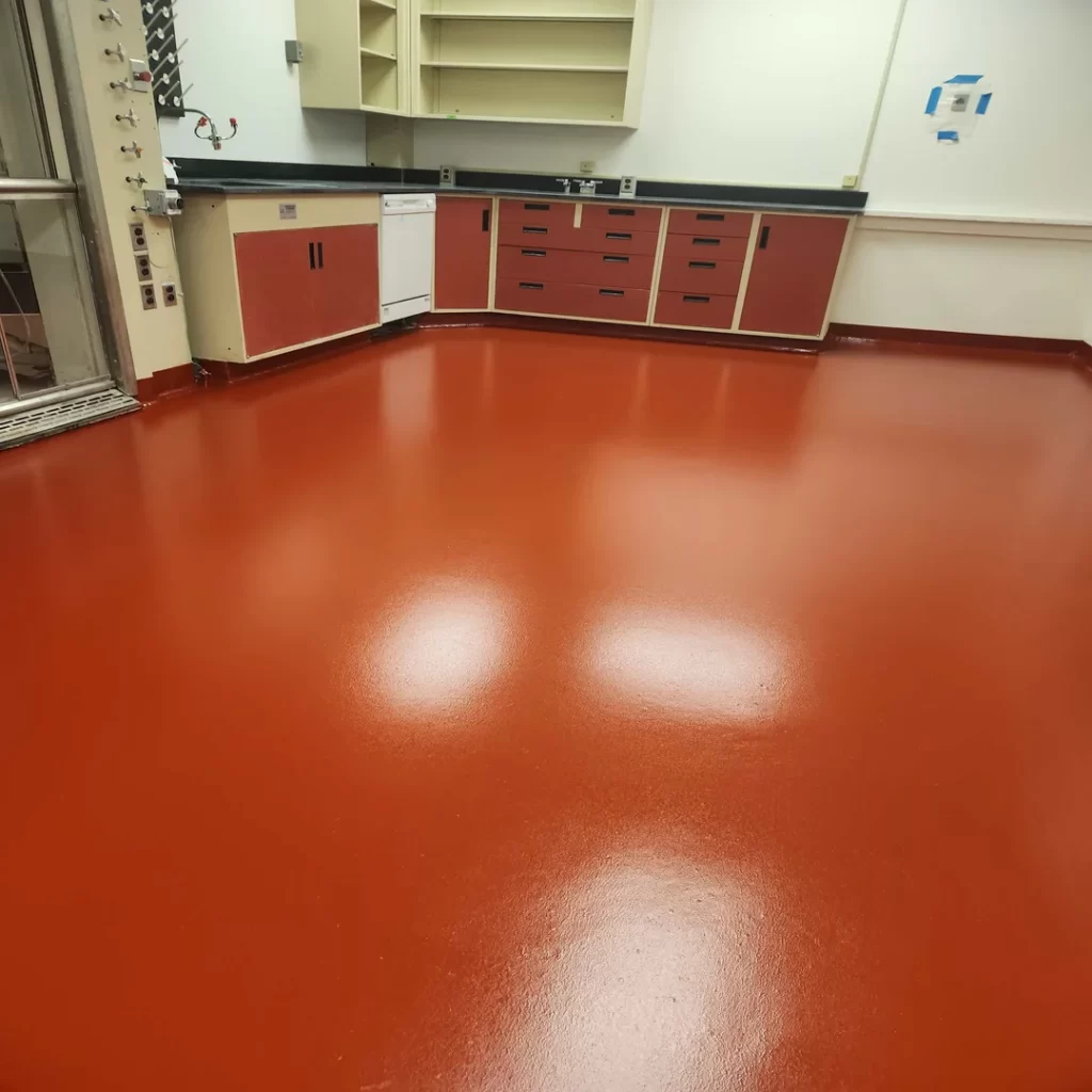 Industrial Epoxy floor in solid red color with static dissipative properties